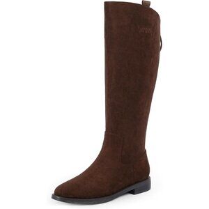 Women's A-suede chocolate  Rounded Toe Flat Low Chunky Zip Heel Knee High Boots